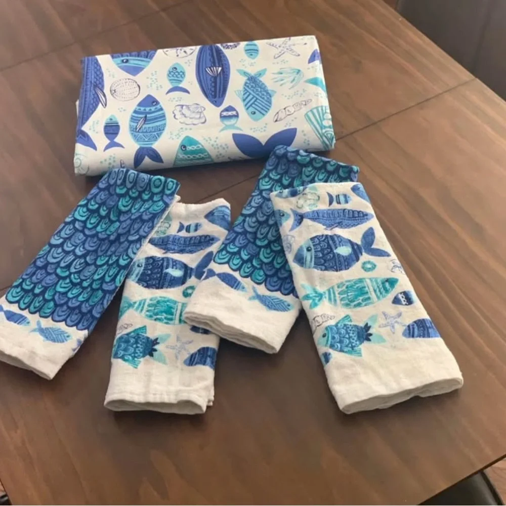 Blue and White Fish Pattern Towels
